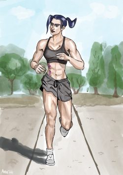 Dessin numérique couleur sur procreate, traits et aquarelle. Caitlyn en short et brassière en plein jogging. Elle a deux tatouages, des violettes sur le côté droit du thorax et un VI au dessus du sein gauche. Arrière-plan de verdure.